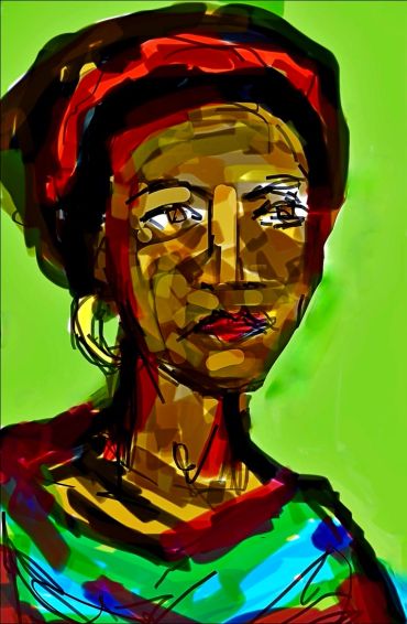 Abstract portrait of a woman with bold colors and a green background.