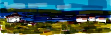 Abstract landscape with blue sky and green fields.
