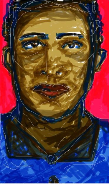 Abstract digital portrait of a man with blue eyes and brown skin against a red background.