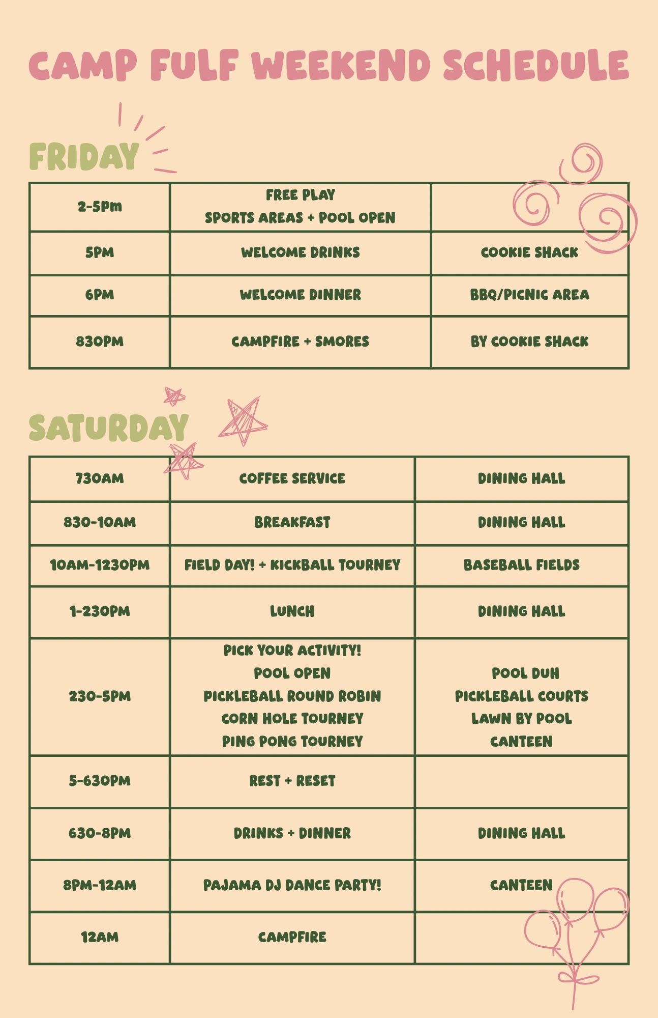 Camp Fulf weekend schedule for Friday and Saturday.
