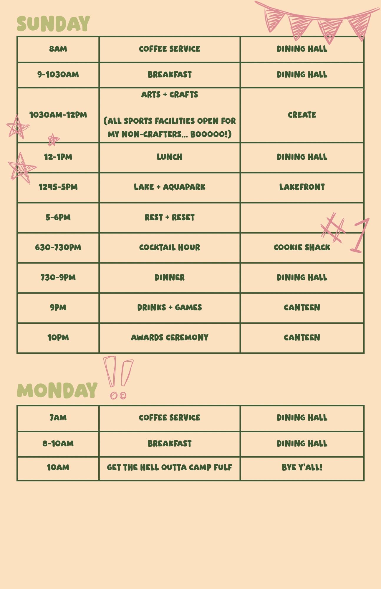 Sunday and Monday camp schedule with meals and activities.