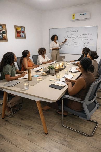 A woman leads a marketing meeting with six attentive colleagues around a table.
