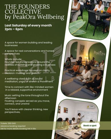 Flyer promoting The Founders Collective by PeakOra Wellbeing for women entrepreneurs.