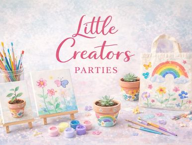 Colorful kids' art supplies and painted pots for creative parties.