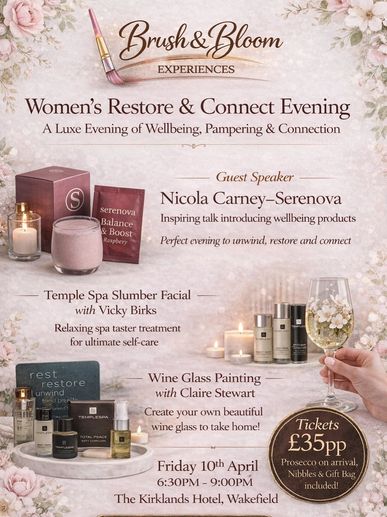 Elegant event poster for a women's wellbeing and pampering evening with spa and wine glass painting.