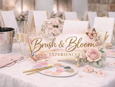 Elegant painting setup with flowers and champagne for Brush & Bloom Experiences.
