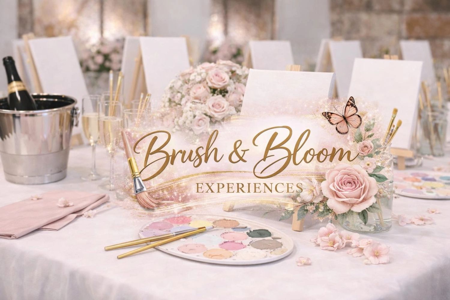 Elegant painting setup with flowers and champagne for Brush & Bloom Experiences.