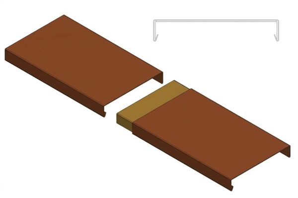 Diagram showing two brown rectangular parts with a small golden connector piece and a metal clip.