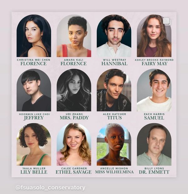 Poster announcing the cast of The Curious Savage at FSU/Asolo Conservatory