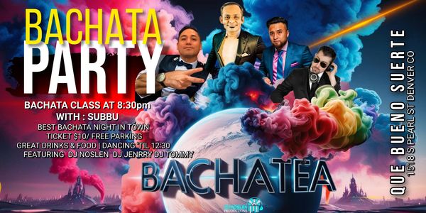 Colorful Bachata party poster with dancers and event details.