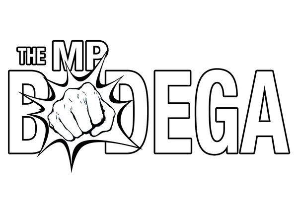 Logo with a fist punch and the words 'THE MP BODEGA' in bold white on black background.