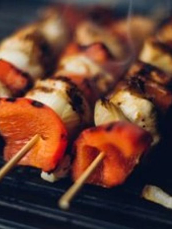 Grilled skewers with red bell peppers and onions.
