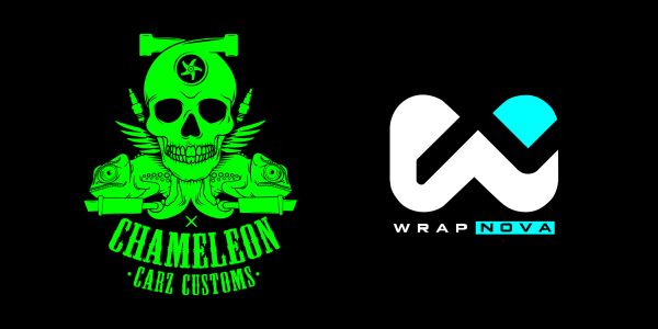 Green skull logo with chameleons and Wrap Nova logo.