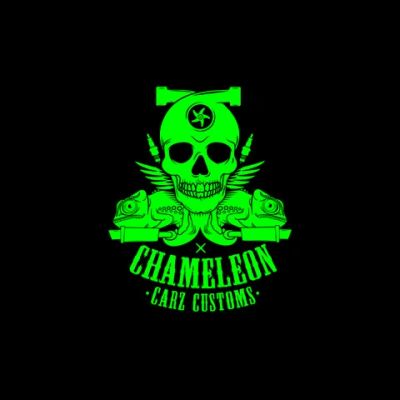 Green skull logo with chameleons and text.