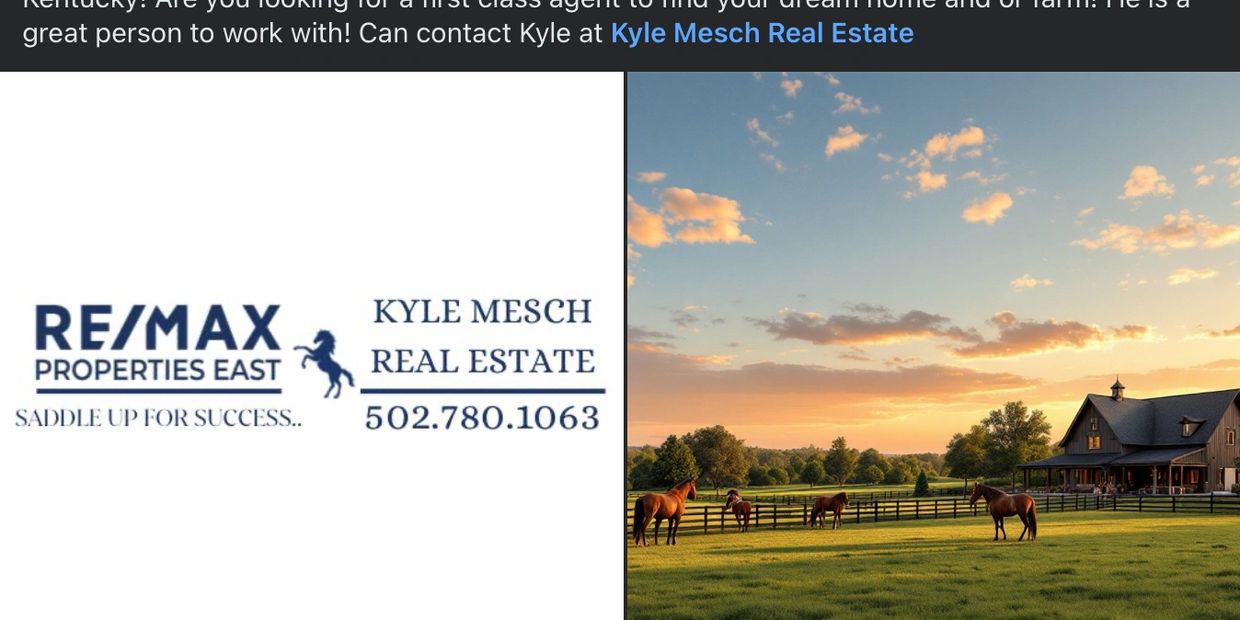 A serene farm landscape at sunset with horses and a large farmhouse.