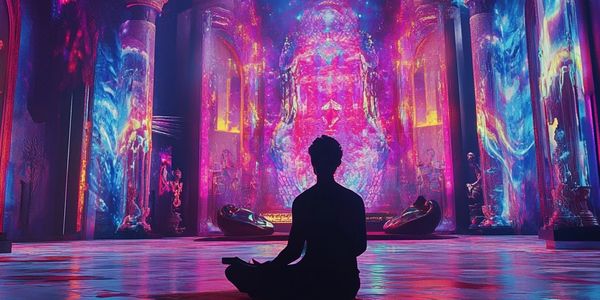 Person meditating in a vibrant, mystical temple with colorful light projections.