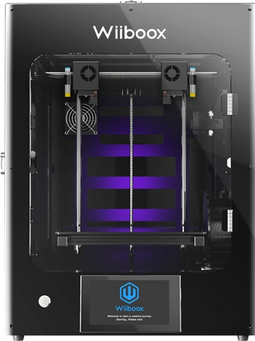 Black Wiiboox 3D printer with transparent front panel and touchscreen.