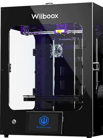 Wiiboox branded 3D printer with transparent front panel.