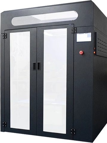 Large black industrial machine with white double doors and control panel.