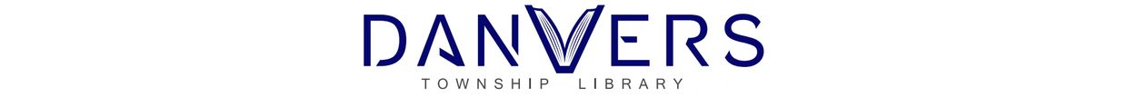 Logo of Danvers Township Library with a book incorporated in the letter V.