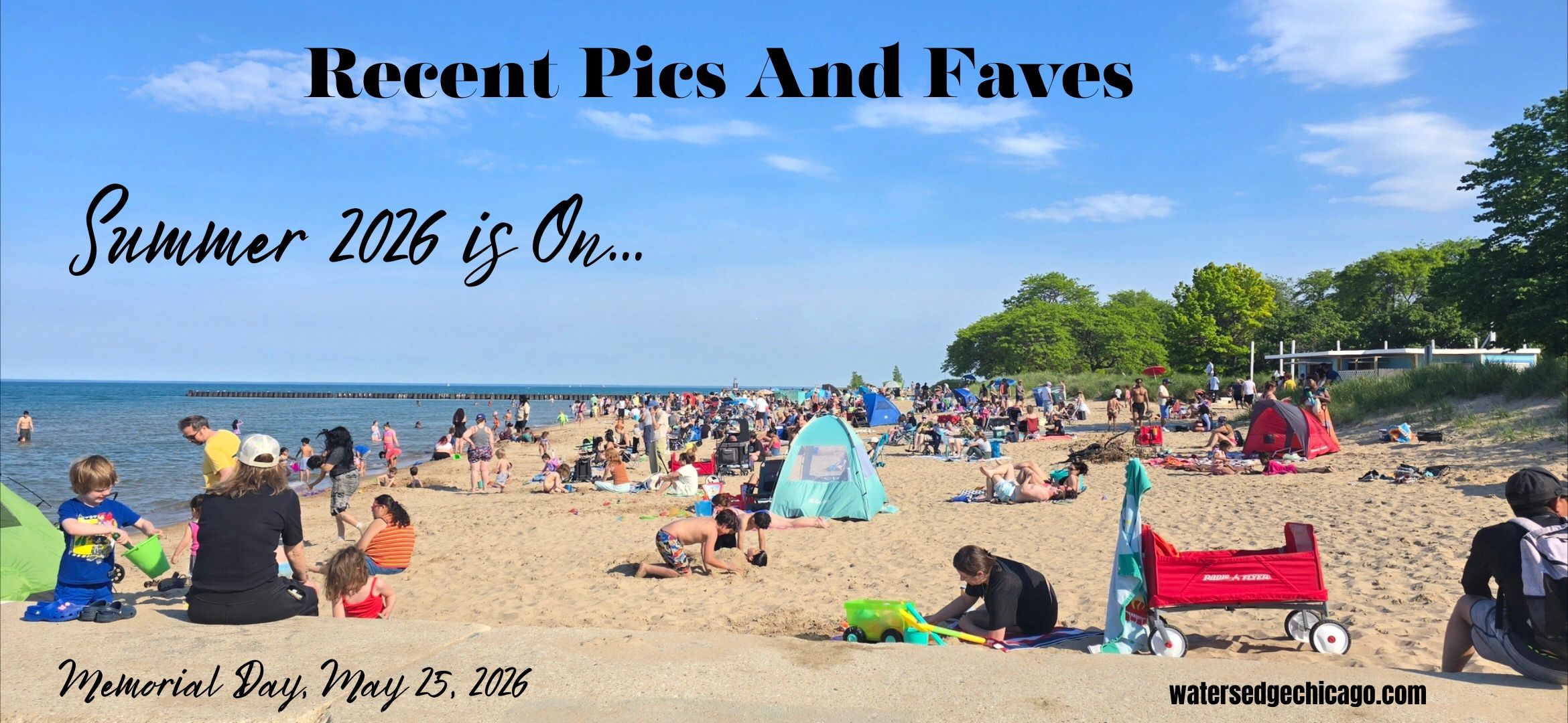 A busy beach scene with families enjoying a sunny day by the water.