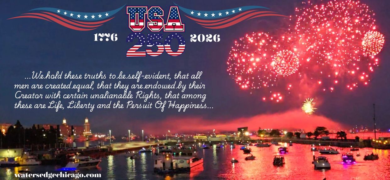 USA 250th anniversary with fireworks over a harbor.