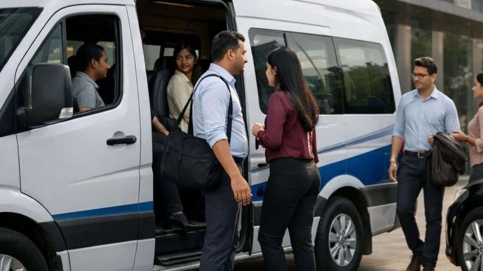 People boarding and standing near a white van, engaged in conversation outdoors.