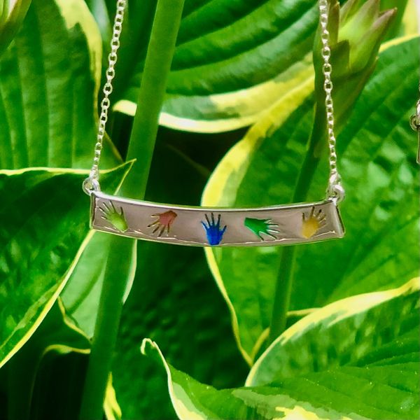 Sulawesi Hands vitreous enamel pendant in silver