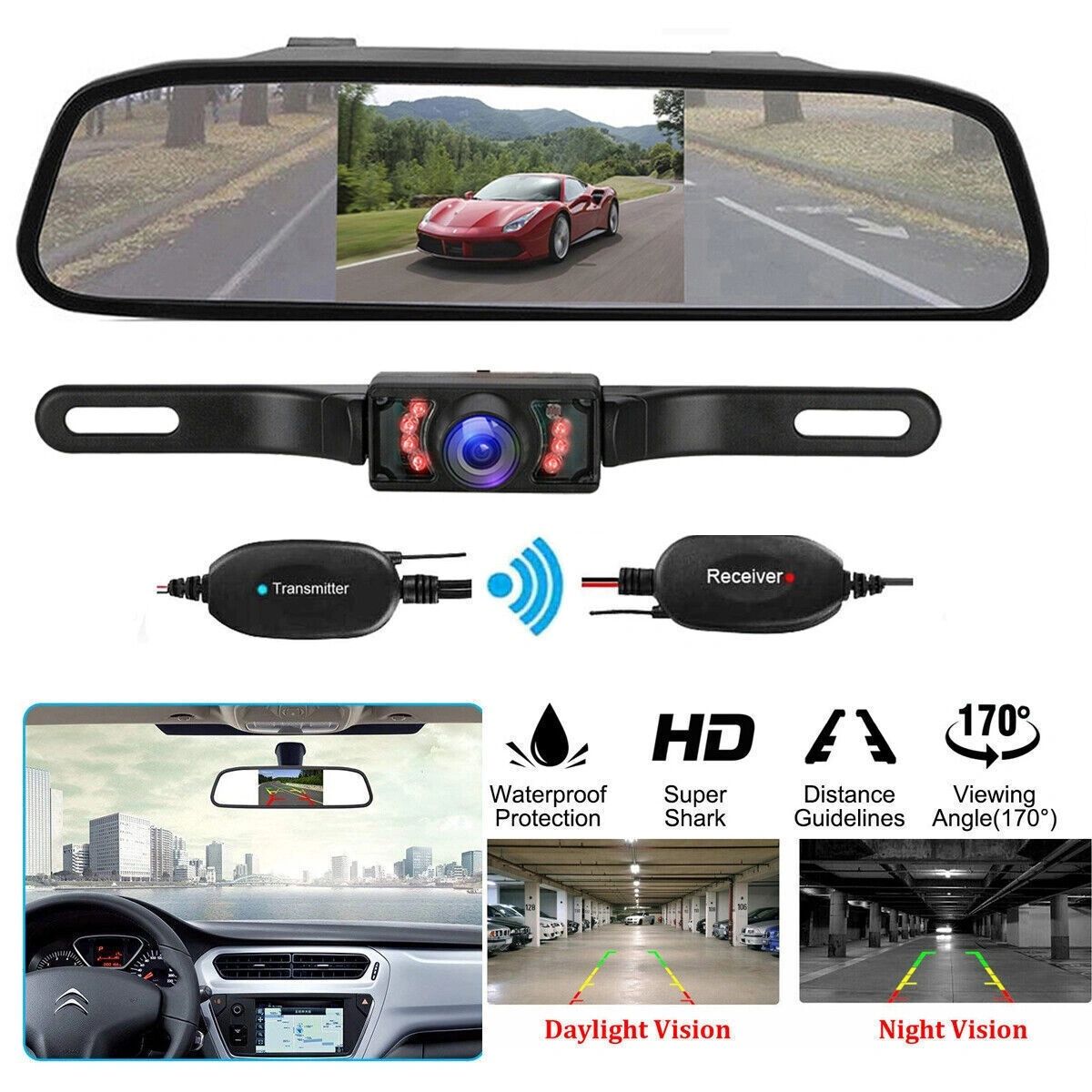Wireless Car Reversing Backup Camera 5 inch Mirror reverse cam Rear ...