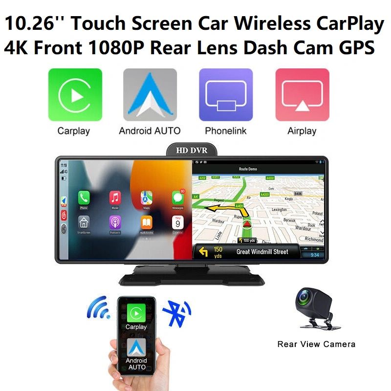 10 Inch Touch Screen Car Portable Wireless Apple CarPlay Android Radio GPS dual lens Dash Cam