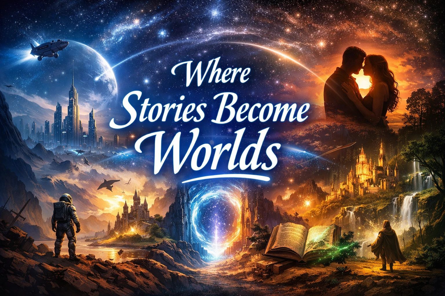 A cosmic scene with text 'Where Stories Become Worlds' blending fantasy and sci-fi elements.