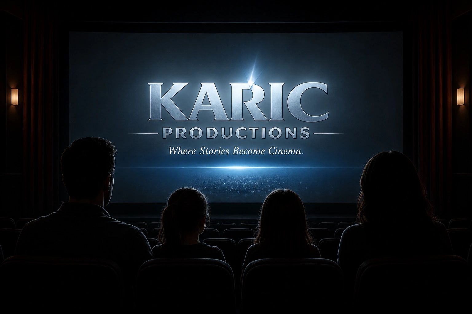 A family watches a movie at a cinema with the screen showing KARIC Productions.
