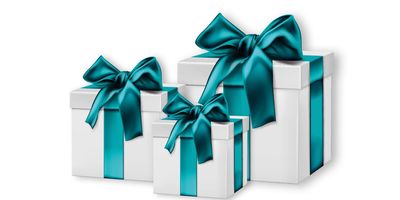 Three white gift boxes with teal ribbons and bows.