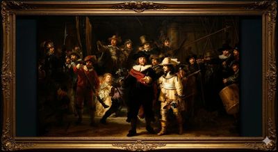 A group of people in 17th-century attire in a dramatic nighttime scene.