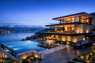 Modern lakeside mansion with infinity pool and mountain views at dusk.