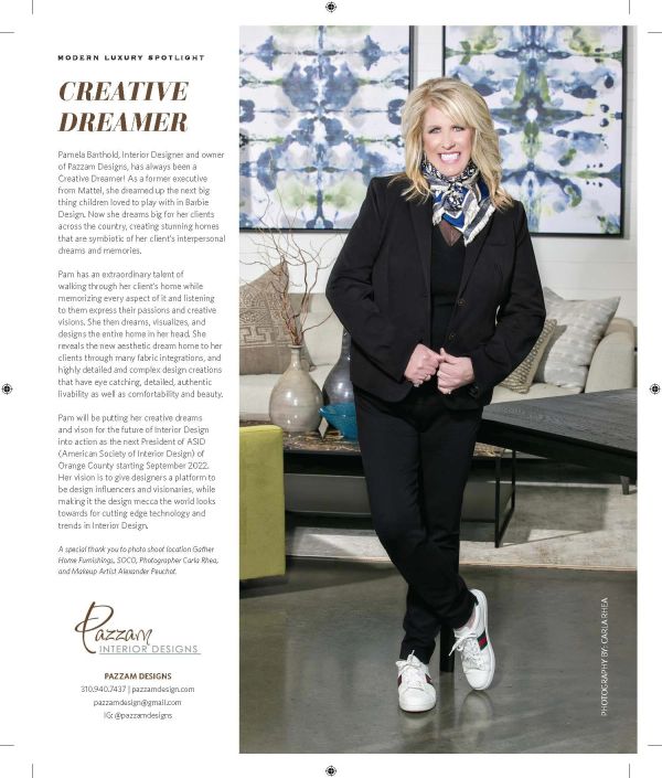 Portrait of Pamela Barthold, an interior designer and owner of Pazzam Designs.