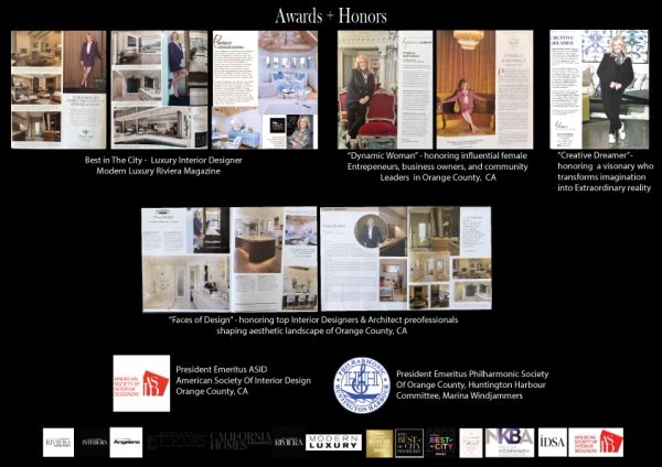 Collage showcasing awards, honors, and recognitions in interior design.