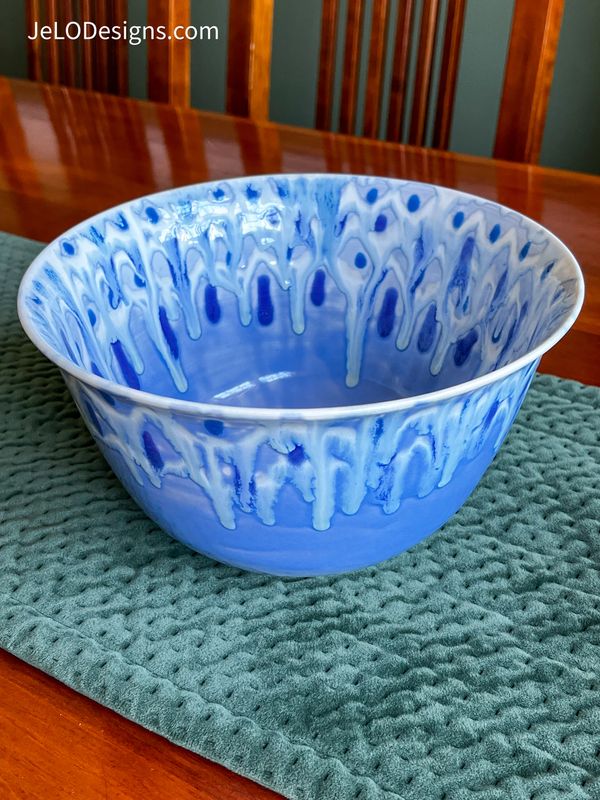Very large handmade porcelain bowl in hues of blue and white