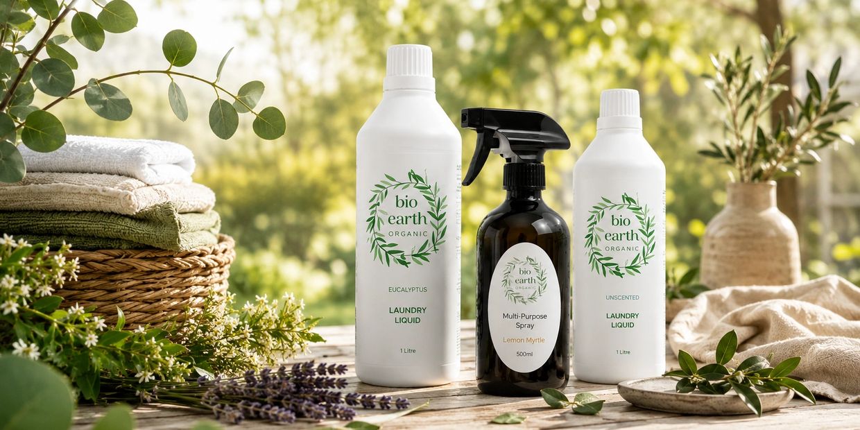 Organic Bio Earth laundry liquids and multi-purpose spray with natural greenery and towels.