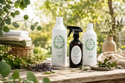 Eco-friendly laundry and fabric care products on a rustic wooden table outdoors.