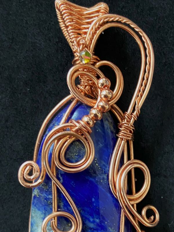 A Pendant for Royalty - Polished, wire-wrapped Lapis Lazuli Pendant with Central Swarovski accent. 