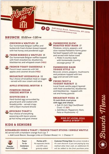 Heritage Hill brunch menu (in addition to our FULL regular menu)