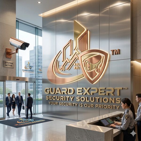 Modern office lobby of Guard Expert Security Solutions with reception and security cameras.