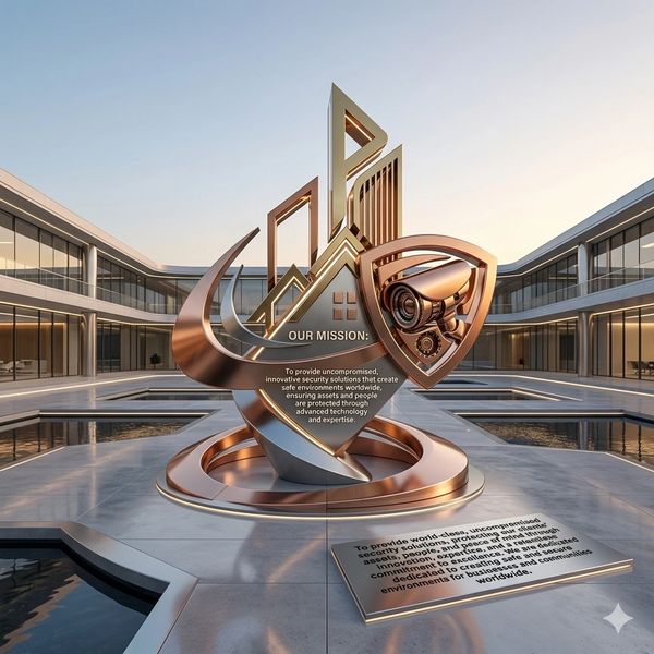 A modern security-themed sculpture with a mission statement at a corporate plaza.