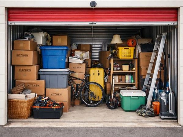 A packed garage with boxes, a bicycle, and household items.
