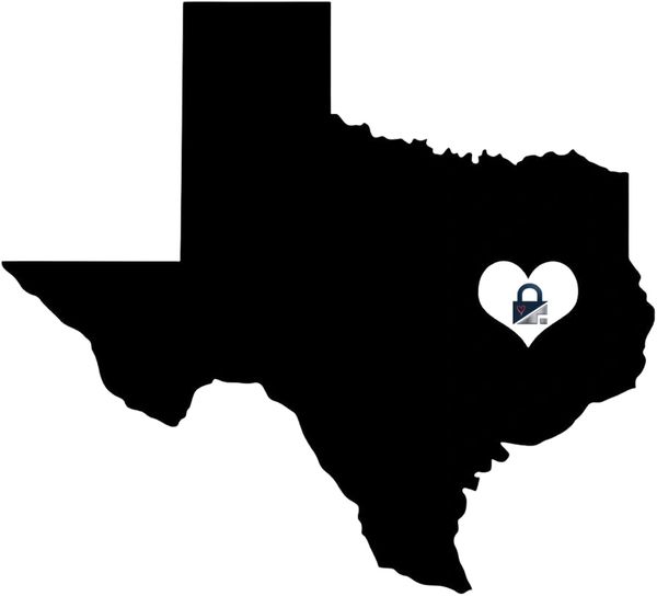 Black silhouette of Texas with a white heart and lock symbol inside.