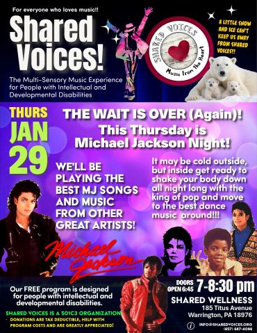 Michael Jackson Night on January 29 at Shared Voices for people with intellectual and developmental disabilities.