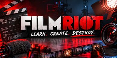Bold FILMRIOT logo with filmmaking gear and film strips in dramatic lighting.