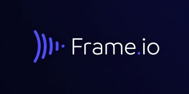 Frame.io logo with blue sound wave icon on dark background.