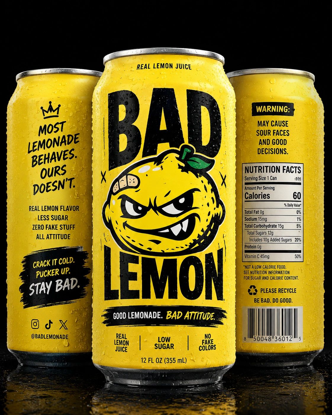 Three cans of Bad Lemon lemonade with bold, attitude-filled branding.